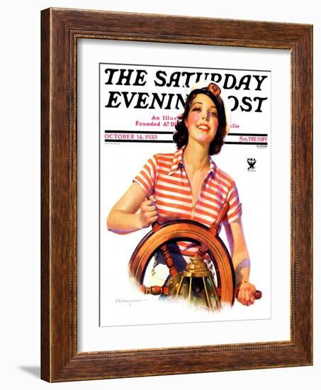 "Woman Takes the Wheel," Saturday Evening Post Cover, October 14, 1933-Robert C. Kauffmann-Framed Giclee Print