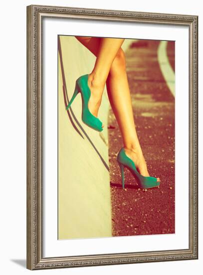 Woman Tan Legs In High Heel Green Shoes Outdoor Shot Summer Day-coka-Framed Art Print