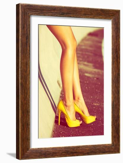 Woman Tan Legs In High Heel Yellow Shoes Outdoor Shot Summer Day-coka-Framed Art Print