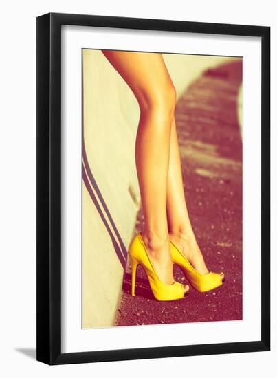 Woman Tan Legs In High Heel Yellow Shoes Outdoor Shot Summer Day-coka-Framed Art Print