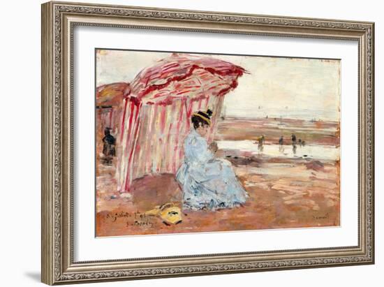 Woman under Beach Umbrella, 1895 (Oil on Panel)-Eugene Louis Boudin-Framed Giclee Print