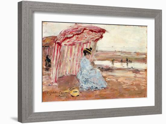 Woman under Beach Umbrella, 1895 (Oil on Panel)-Eugene Louis Boudin-Framed Giclee Print