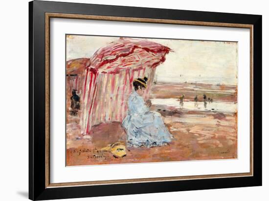 Woman under Beach Umbrella, 1895 (Oil on Panel)-Eugene Louis Boudin-Framed Giclee Print