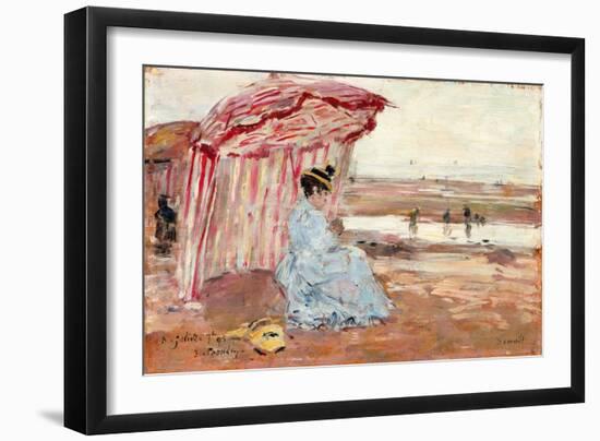 Woman under Beach Umbrella, 1895 (Oil on Panel)-Eugene Louis Boudin-Framed Giclee Print