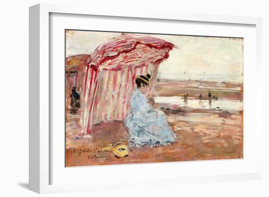 Woman under Beach Umbrella, 1895 (Oil on Panel)-Eugene Louis Boudin-Framed Giclee Print