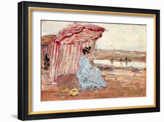 Woman under Beach Umbrella, 1895 (Oil on Panel)-Eugene Louis Boudin-Framed Giclee Print