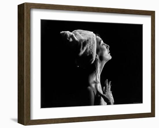 Woman under Shower Smoothing Water over Skin-Gjon Mili-Framed Photographic Print