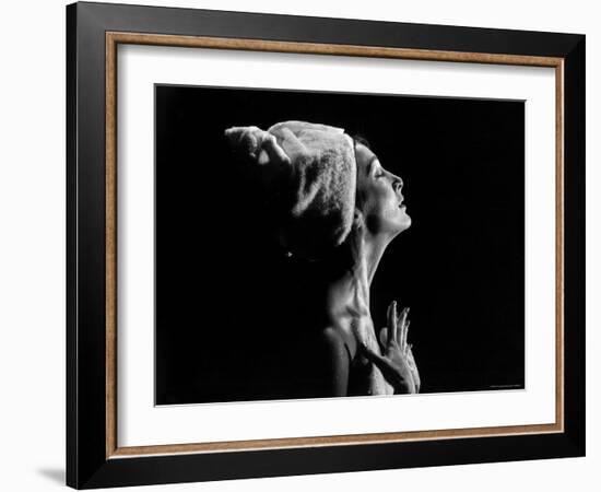 Woman under Shower Smoothing Water over Skin-Gjon Mili-Framed Photographic Print