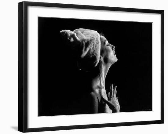 Woman under Shower Smoothing Water over Skin-Gjon Mili-Framed Photographic Print