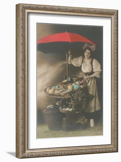 Woman under Umbrella Selling Eggs-null-Framed Art Print
