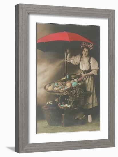 Woman under Umbrella Selling Eggs-null-Framed Art Print