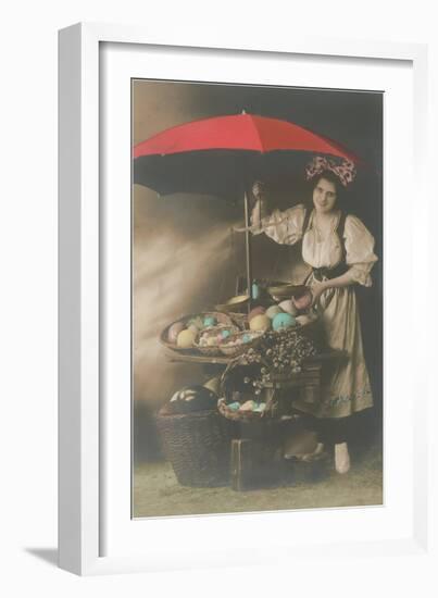 Woman under Umbrella Selling Eggs-null-Framed Art Print