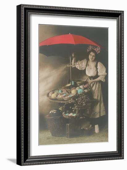 Woman under Umbrella Selling Eggs-null-Framed Art Print