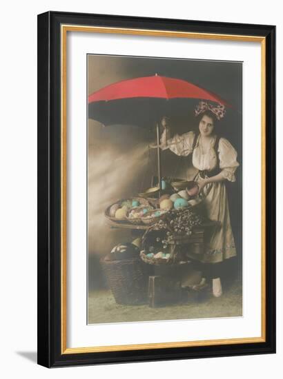 Woman under Umbrella Selling Eggs-null-Framed Art Print