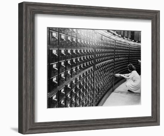 Woman Using the Card Catalog at the Main Reading Room of the Library of Congress, 1940-null-Framed Art Print