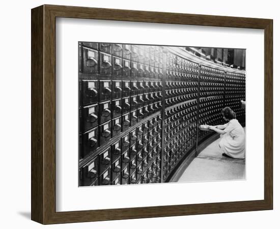 Woman Using the Card Catalog at the Main Reading Room of the Library of Congress, 1940-null-Framed Art Print