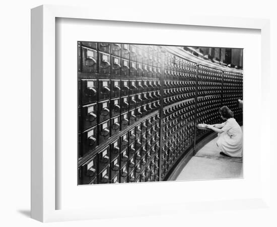 Woman Using the Card Catalog at the Main Reading Room of the Library of Congress, 1940-null-Framed Art Print