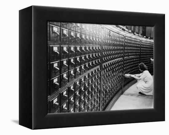 Woman Using the Card Catalog at the Main Reading Room of the Library of Congress, 1940-null-Framed Stretched Canvas