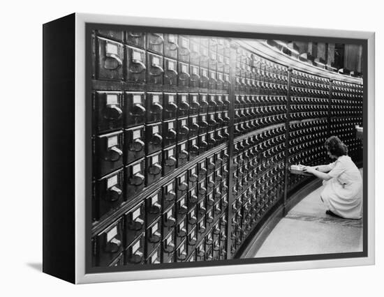 Woman Using the Card Catalog at the Main Reading Room of the Library of Congress, 1940-null-Framed Stretched Canvas