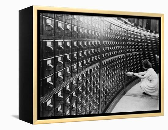 Woman Using the Card Catalog at the Main Reading Room of the Library of Congress, 1940-null-Framed Stretched Canvas