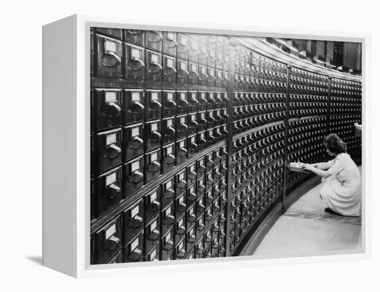 Woman Using the Card Catalog at the Main Reading Room of the Library of Congress, 1940-null-Framed Stretched Canvas