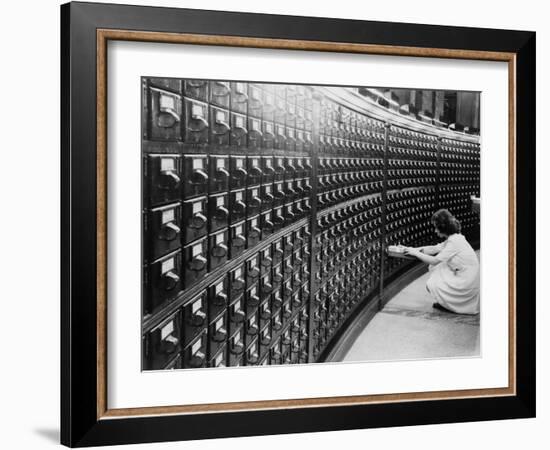 Woman Using the Card Catalog at the Main Reading Room of the Library of Congress, 1940-null-Framed Art Print