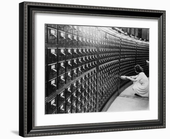 Woman Using the Card Catalog at the Main Reading Room of the Library of Congress, 1940-null-Framed Art Print