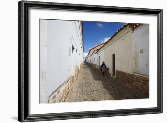 Woman Walking Along Alleyway, Sucre, UNESCO World Heritage Site, Bolivia, South America-Ian Trower-Framed Photographic Print