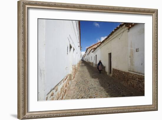 Woman Walking Along Alleyway, Sucre, UNESCO World Heritage Site, Bolivia, South America-Ian Trower-Framed Photographic Print