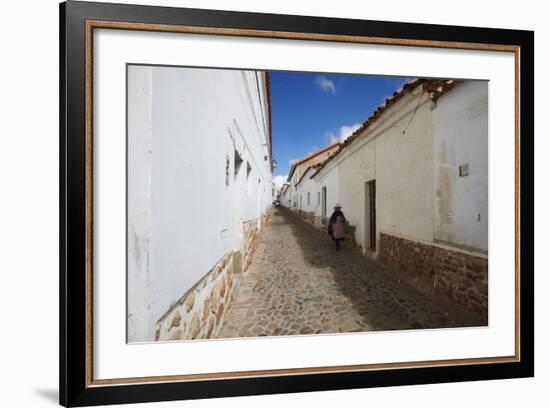 Woman Walking Along Alleyway, Sucre, UNESCO World Heritage Site, Bolivia, South America-Ian Trower-Framed Photographic Print