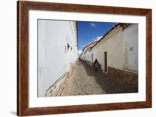 Woman Walking Along Alleyway, Sucre, UNESCO World Heritage Site, Bolivia, South America-Ian Trower-Framed Photographic Print