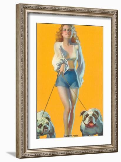 Woman Walking English Bulldogs-null-Framed Art Print