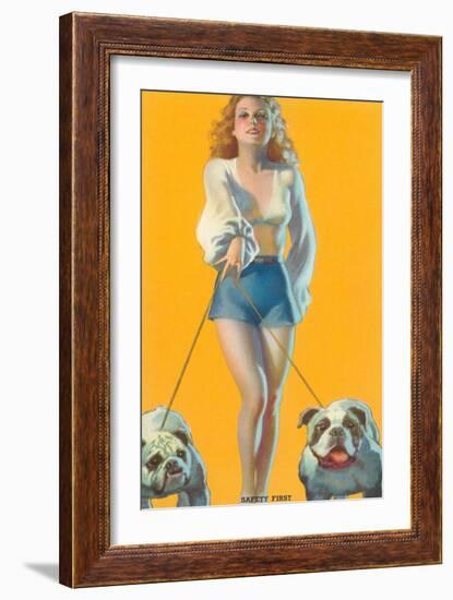 Woman Walking English Bulldogs-null-Framed Art Print