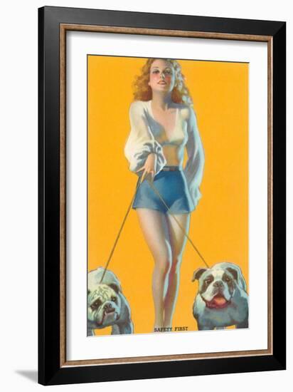 Woman Walking English Bulldogs-null-Framed Art Print