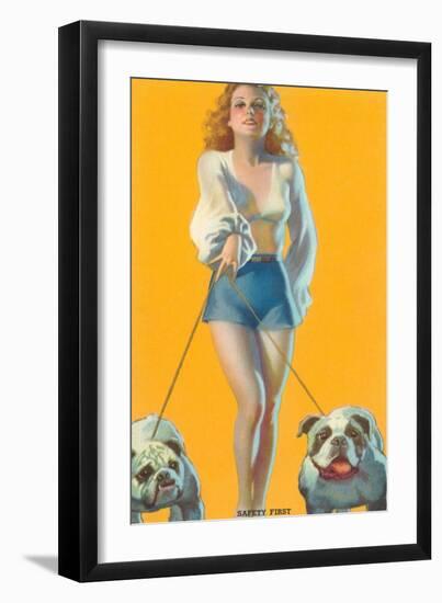 Woman Walking English Bulldogs-null-Framed Art Print