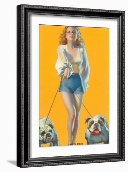 Woman Walking English Bulldogs-null-Framed Art Print