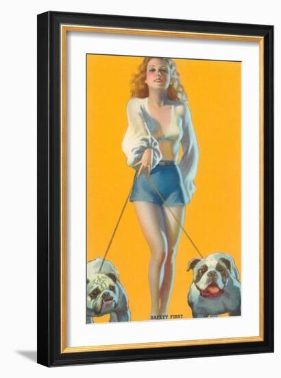 Woman Walking English Bulldogs-null-Framed Art Print