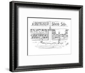 Woman, walking her dog, looks into window of shoe store as her dog looks i? - New Yorker Cartoon-Glen Le Lievre-Framed Premium Giclee Print