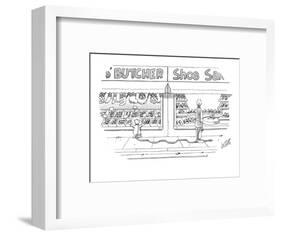 Woman, walking her dog, looks into window of shoe store as her dog looks i? - New Yorker Cartoon-Glen Le Lievre-Framed Premium Giclee Print