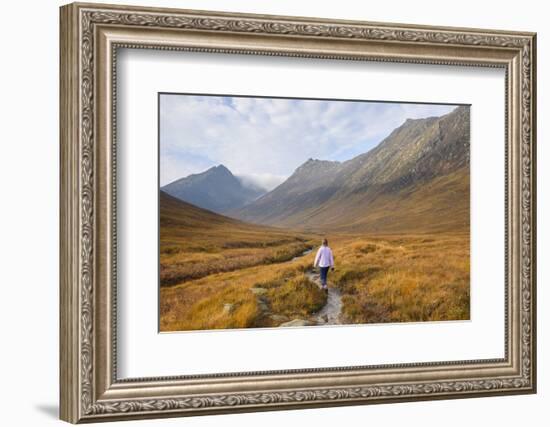 Woman walking in Glen Sannox, Isle of Arran, North Ayrshire, Scotland, United Kingdom, Europe-Gary Cook-Framed Photographic Print