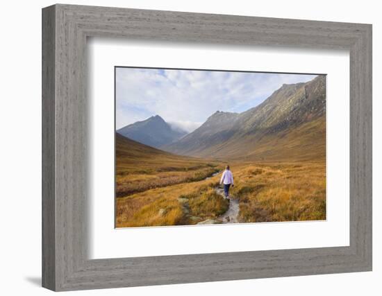 Woman walking in Glen Sannox, Isle of Arran, North Ayrshire, Scotland, United Kingdom, Europe-Gary Cook-Framed Photographic Print