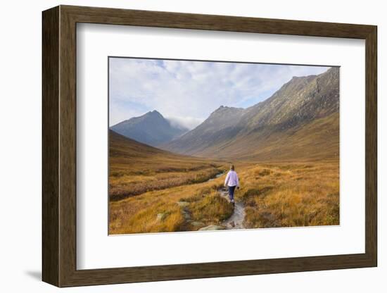 Woman walking in Glen Sannox, Isle of Arran, North Ayrshire, Scotland, United Kingdom, Europe-Gary Cook-Framed Photographic Print