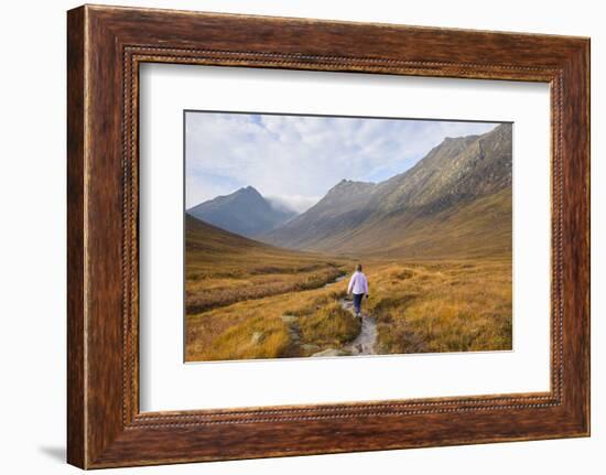 Woman walking in Glen Sannox, Isle of Arran, North Ayrshire, Scotland, United Kingdom, Europe-Gary Cook-Framed Photographic Print