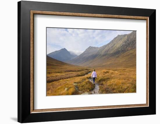 Woman walking in Glen Sannox, Isle of Arran, North Ayrshire, Scotland, United Kingdom, Europe-Gary Cook-Framed Photographic Print