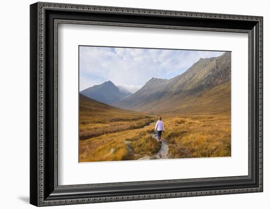 Woman walking in Glen Sannox, Isle of Arran, North Ayrshire, Scotland, United Kingdom, Europe-Gary Cook-Framed Photographic Print