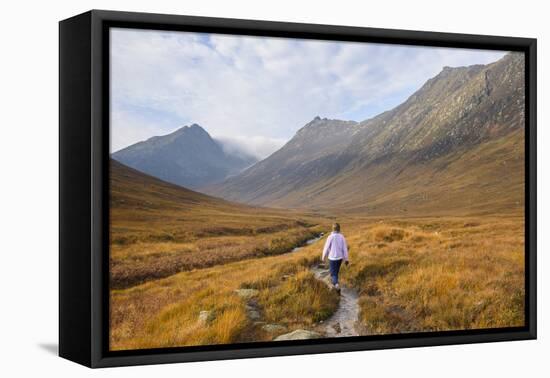 Woman walking in Glen Sannox, Isle of Arran, North Ayrshire, Scotland, United Kingdom, Europe-Gary Cook-Framed Premier Image Canvas