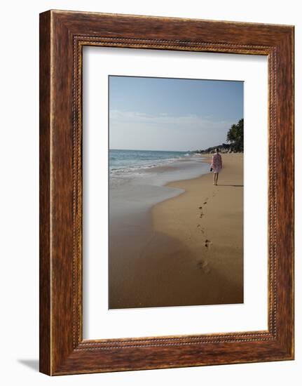 Woman Walking Leaving Footprints on Deserted Beach, Niraamaya, Kovalam, Kerala, India, Asia-James Strachan-Framed Photographic Print