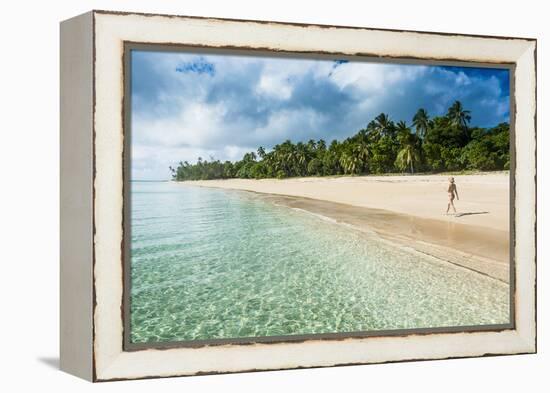 Woman Walking on a Palm Fringed White Sand Beach in Ha'Apai Islands, Tonga, South Pacific-Michael Runkel-Framed Premier Image Canvas