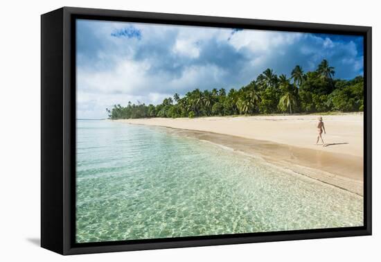 Woman Walking on a Palm Fringed White Sand Beach in Ha'Apai Islands, Tonga, South Pacific-Michael Runkel-Framed Premier Image Canvas