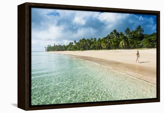 Woman Walking on a Palm Fringed White Sand Beach in Ha'Apai Islands, Tonga, South Pacific-Michael Runkel-Framed Premier Image Canvas